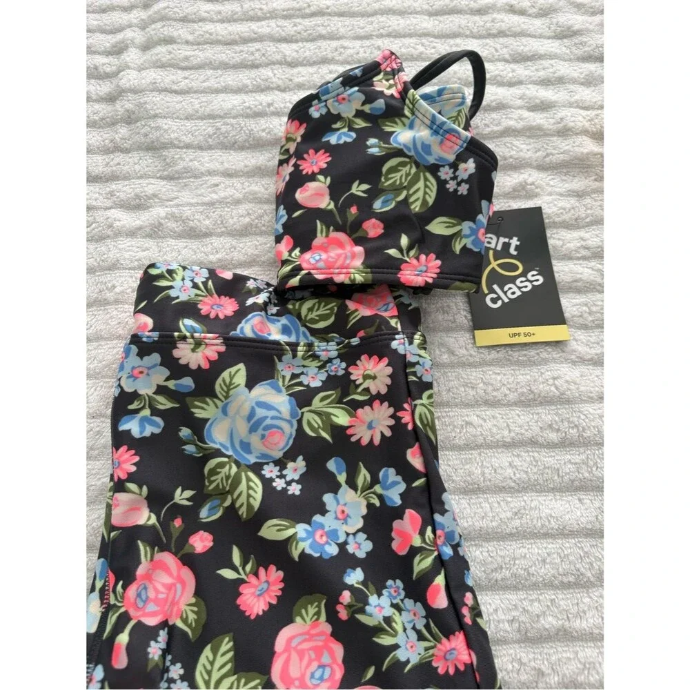 Art Class Girls Floral 2-Piece Swimsuit Size L 10/12 NWT UPF 50+ Crisscross Back